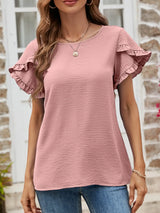 Textured Petal Sleeve Round Neck Tee - Trendsi - Flyclothing LLC
