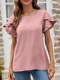 Textured Petal Sleeve Round Neck Tee - Trendsi - Flyclothing LLC