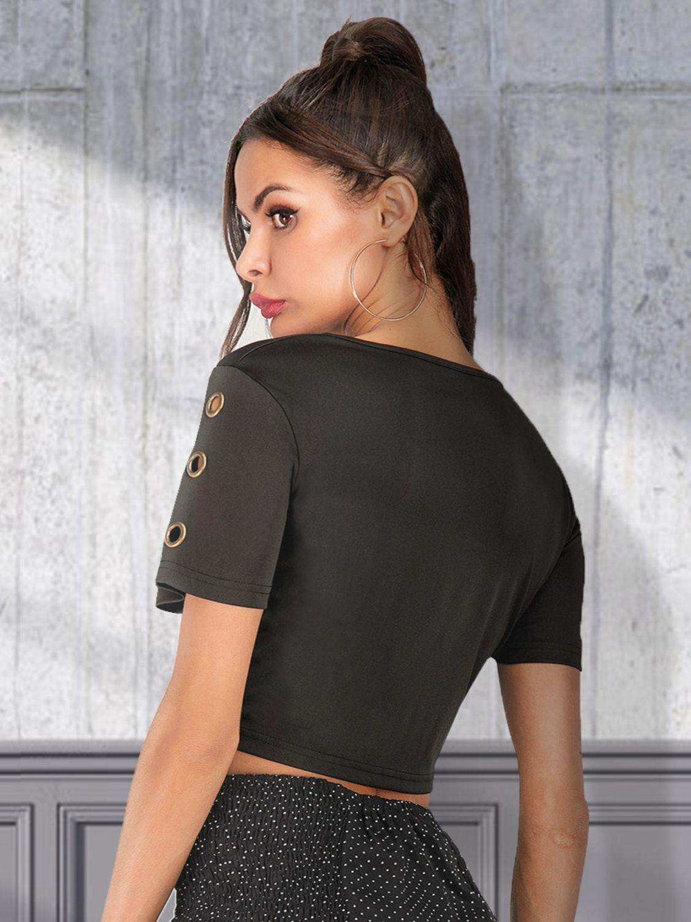 Cutout Grommet Detail Cropped Tee - Trendsi - Flyclothing LLC