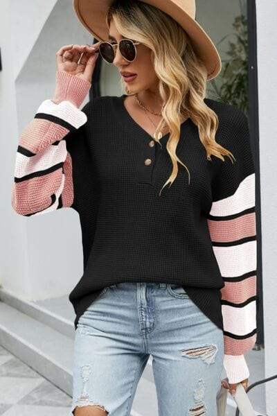 Color Block V-Neck Dropped Shoulder Sweater - Trendsi - Flyclothing LLC