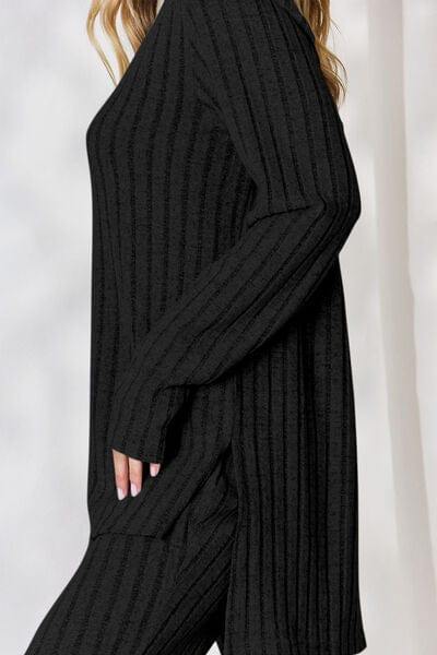 Basic Bae Full Size Ribbed High-Low Top and Wide Leg Pants Set - Trendsi