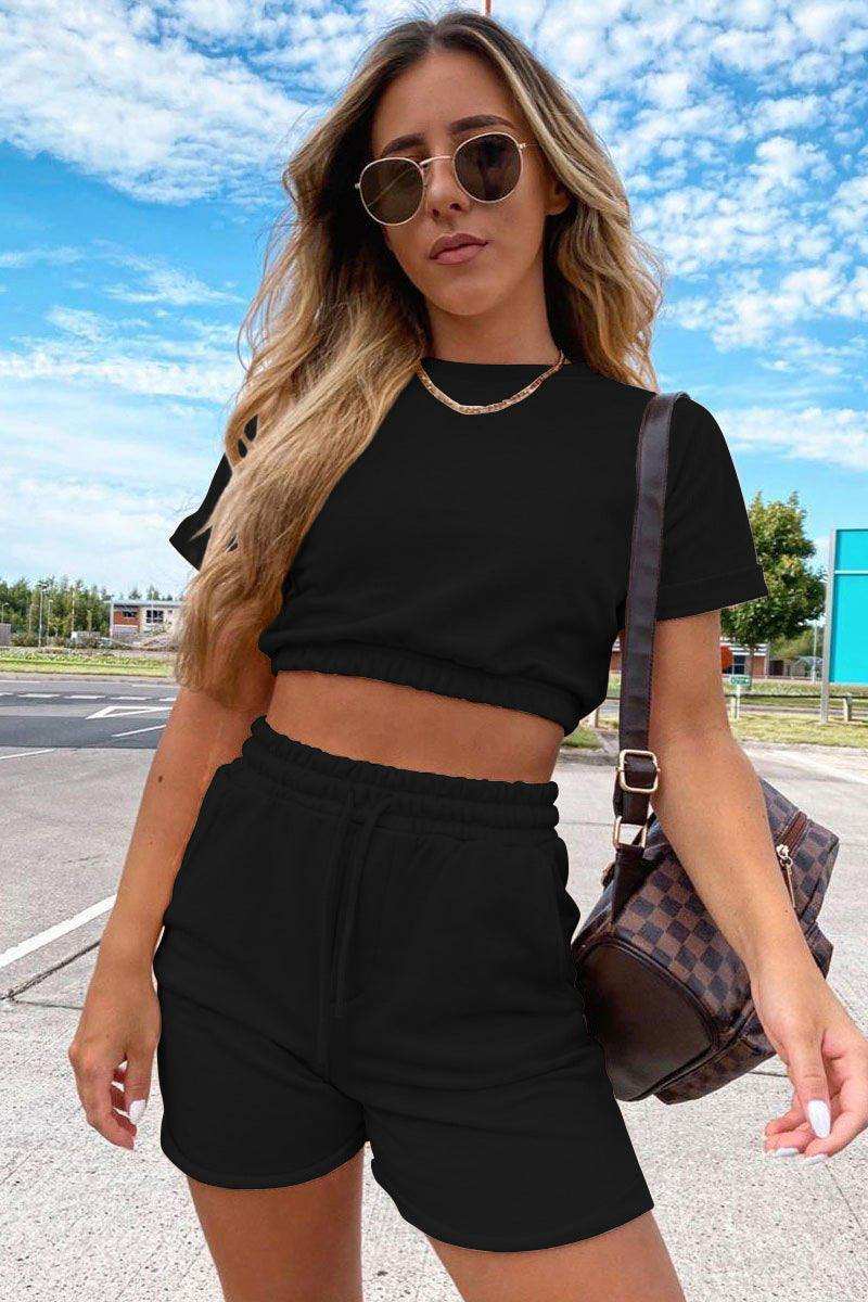 Short Sleeve Cropped Top and Drawstring Shorts Lounge Set - Trendsi - Flyclothing LLC
