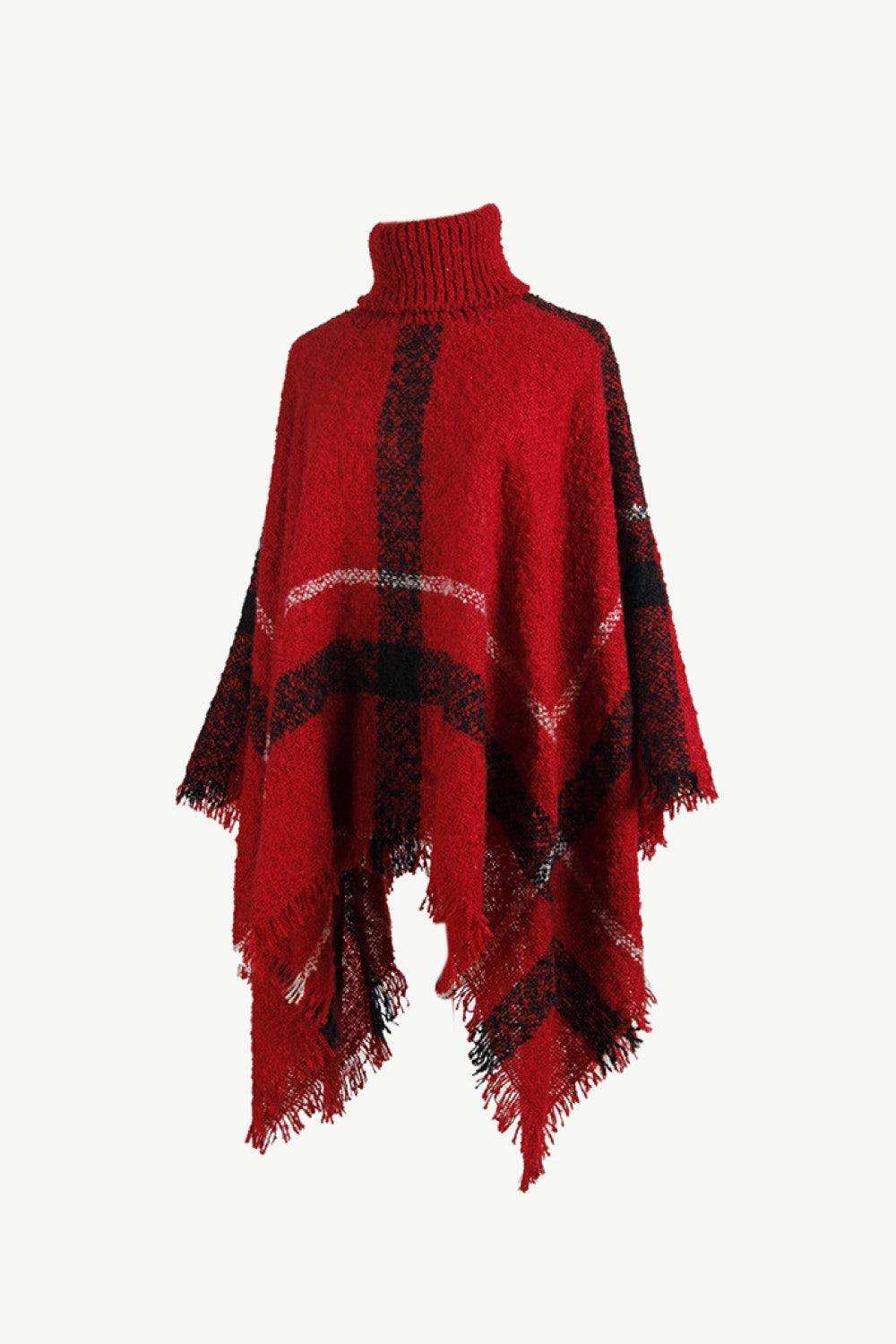 Plaid Turtleneck Raw Hem Poncho - Trendsi - Flyclothing LLC
