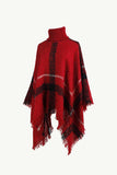 Plaid Turtleneck Raw Hem Poncho - Trendsi - Flyclothing LLC