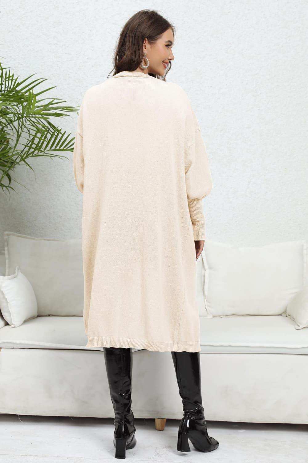 Lantern Sleeve Open Front Pocketed Cardigan - Trendsi - Flyclothing LLC