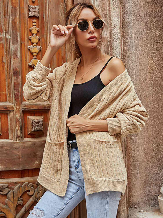 Ribbed Open Front Long Sleeve Cardigan with Pockets - Trendsi
