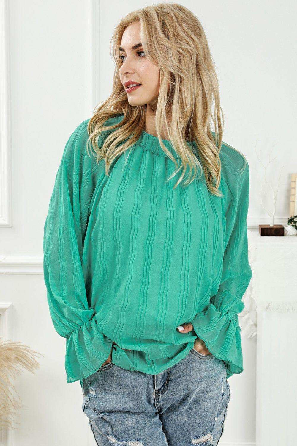 Round Neck Flounce Sleeve Blouse - Trendsi - Flyclothing LLC
