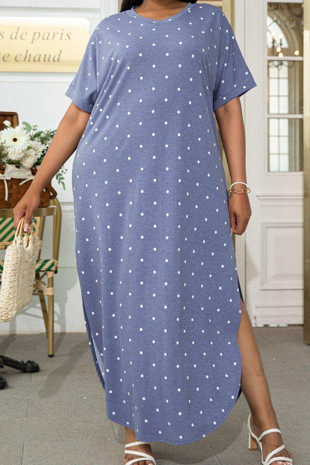Plus Size Short Sleeve Split Curved Hem Dress - Trendsi - Flyclothing LLC