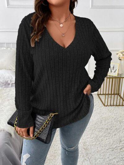 Plus Size V-Neck Long Sleeve T-Shirt - Trendsi