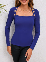 Decorative Button Long Sleeve Top - Trendsi