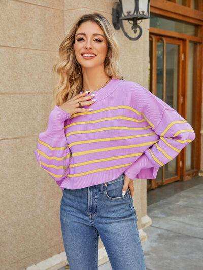 Round Neck Striped Lantern Sleeve Sweater - Trendsi - Flyclothing LLC