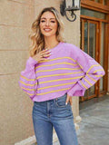 Round Neck Striped Lantern Sleeve Sweater - Trendsi - Flyclothing LLC