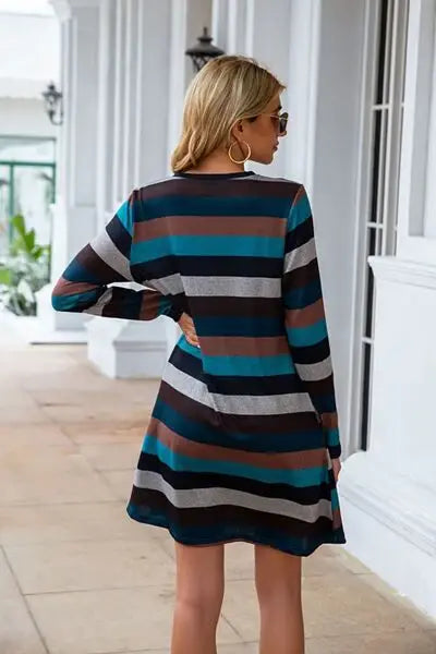 Striped Round Neck Long Sleeve Dress - Trendsi - Flyclothing LLC