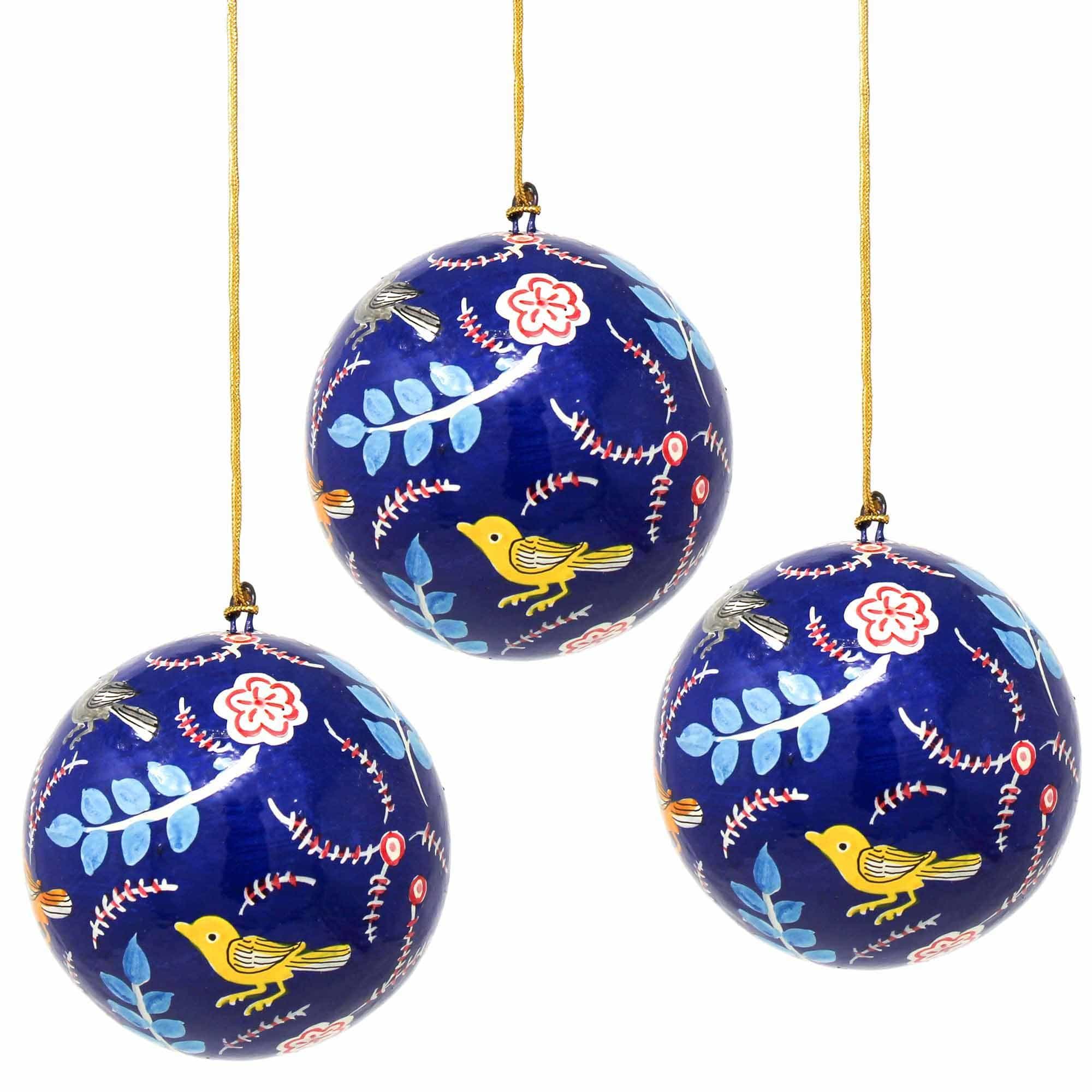 Handpainted Ornament Birds and Flowers, Blue - Pack of 3 - Flyclothing LLC