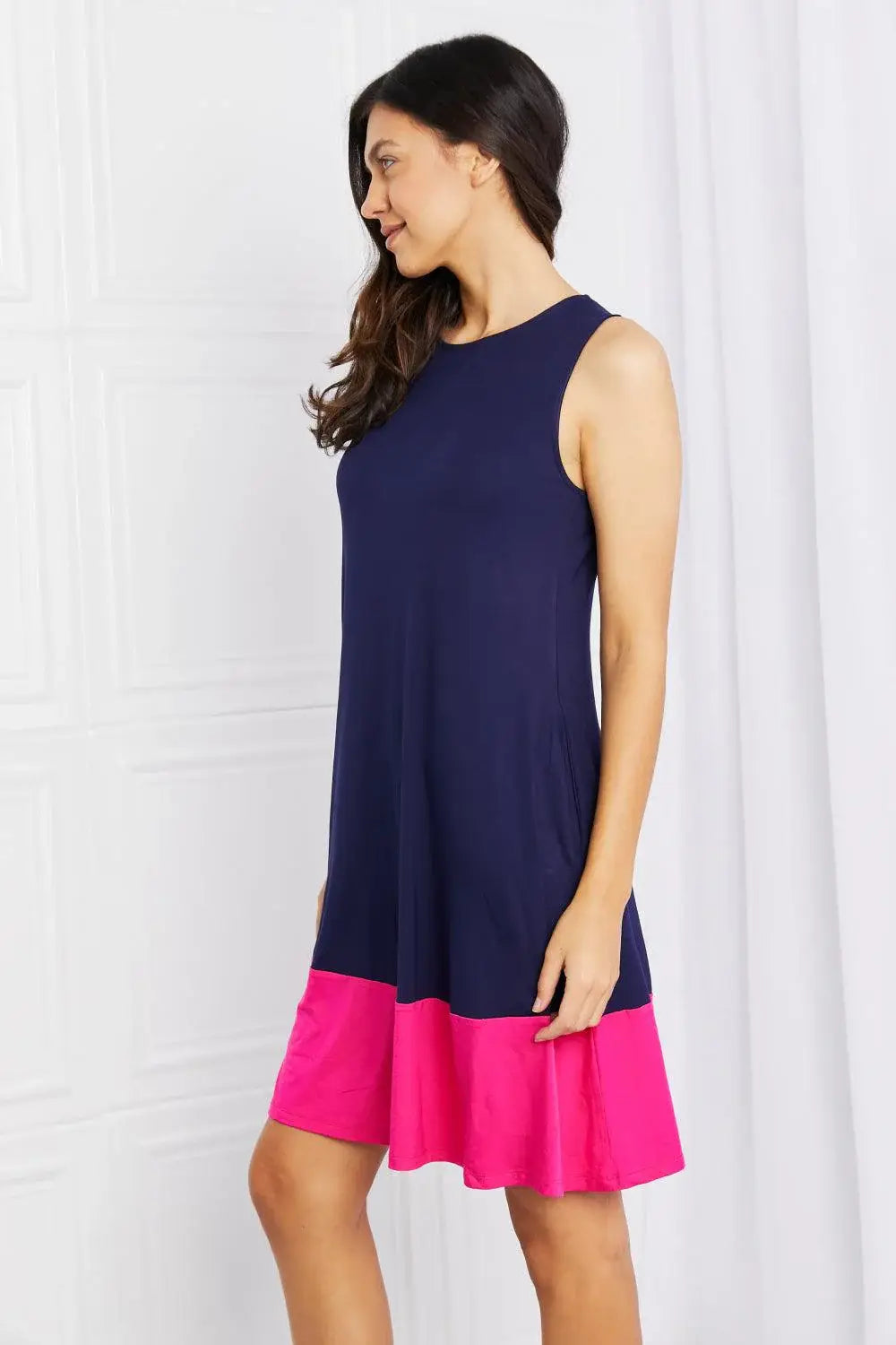 Yelete Full Size Two-Tone Sleeveless Mini Dress with Pockets - Trendsi - Flyclothing LLC