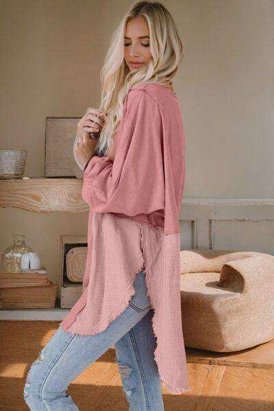 Contrast Texture Round Neck Long Sleeve Blouse - Trendsi - Flyclothing LLC