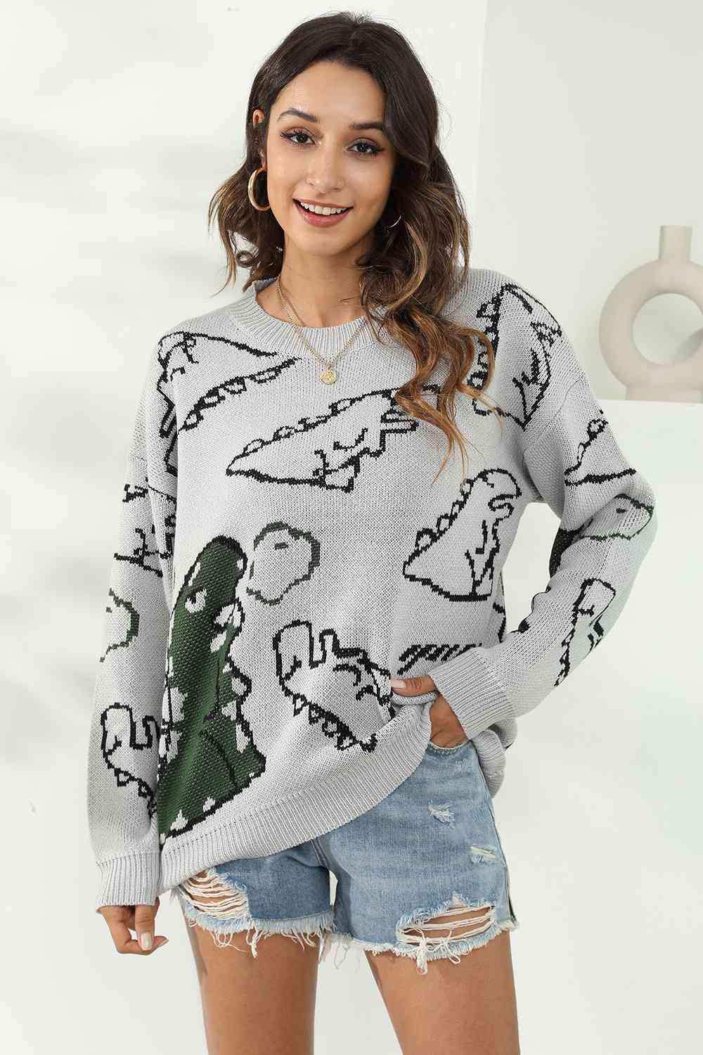 Dinosaur Print Pullover Sweater - Trendsi - Flyclothing LLC