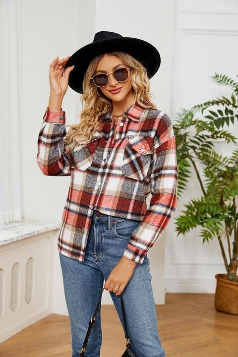 Collared Plaid Shacket - Trendsi
