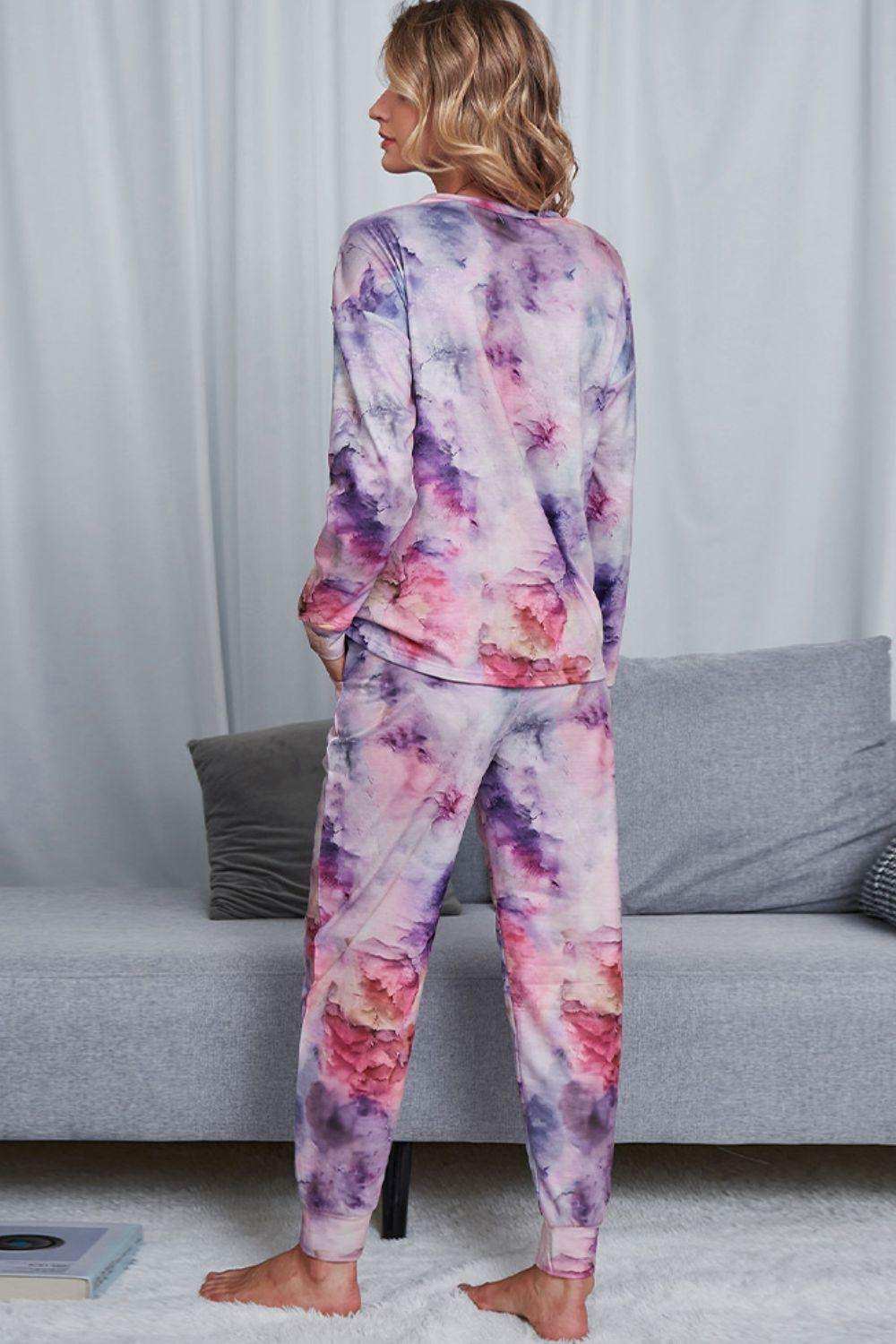 Tie-Dye Crewneck Top and Drawstring Waist Joggers Lounge Set - Trendsi - Flyclothing LLC