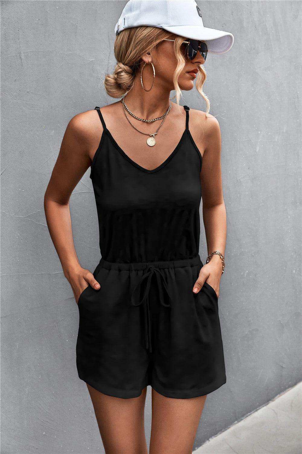 Spaghetti Strap V-Neck Pocket Romper - Trendsi - Flyclothing LLC