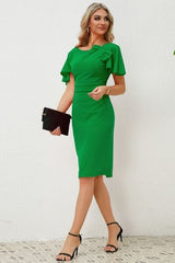 Slit Round Neck Flutter Sleeve Dress - Flyclothing LLC