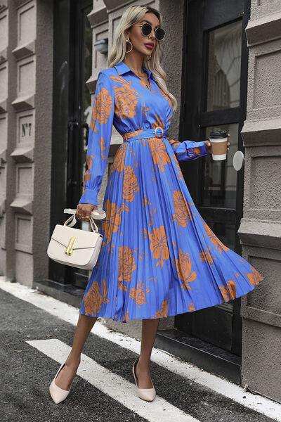 Floral Pleated Surplice Long Sleeve Midi Dress - Trendsi - Flyclothing LLC