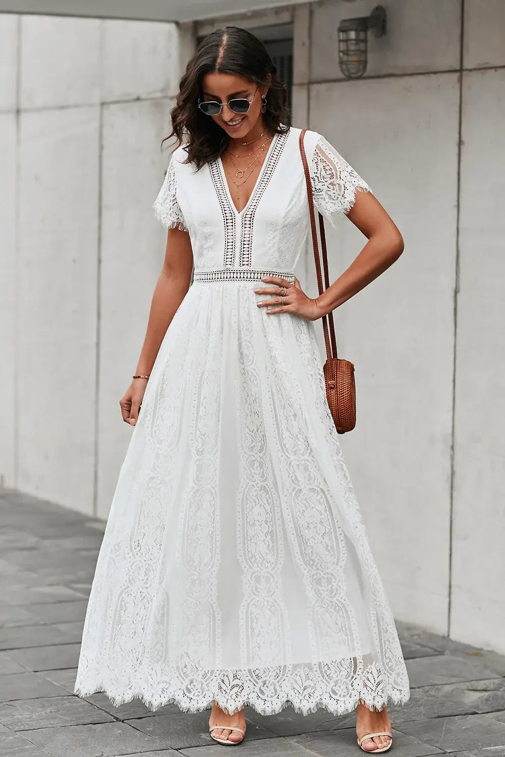 Scalloped Trim Lace Plunge Dress - Trendsi - Flyclothing LLC