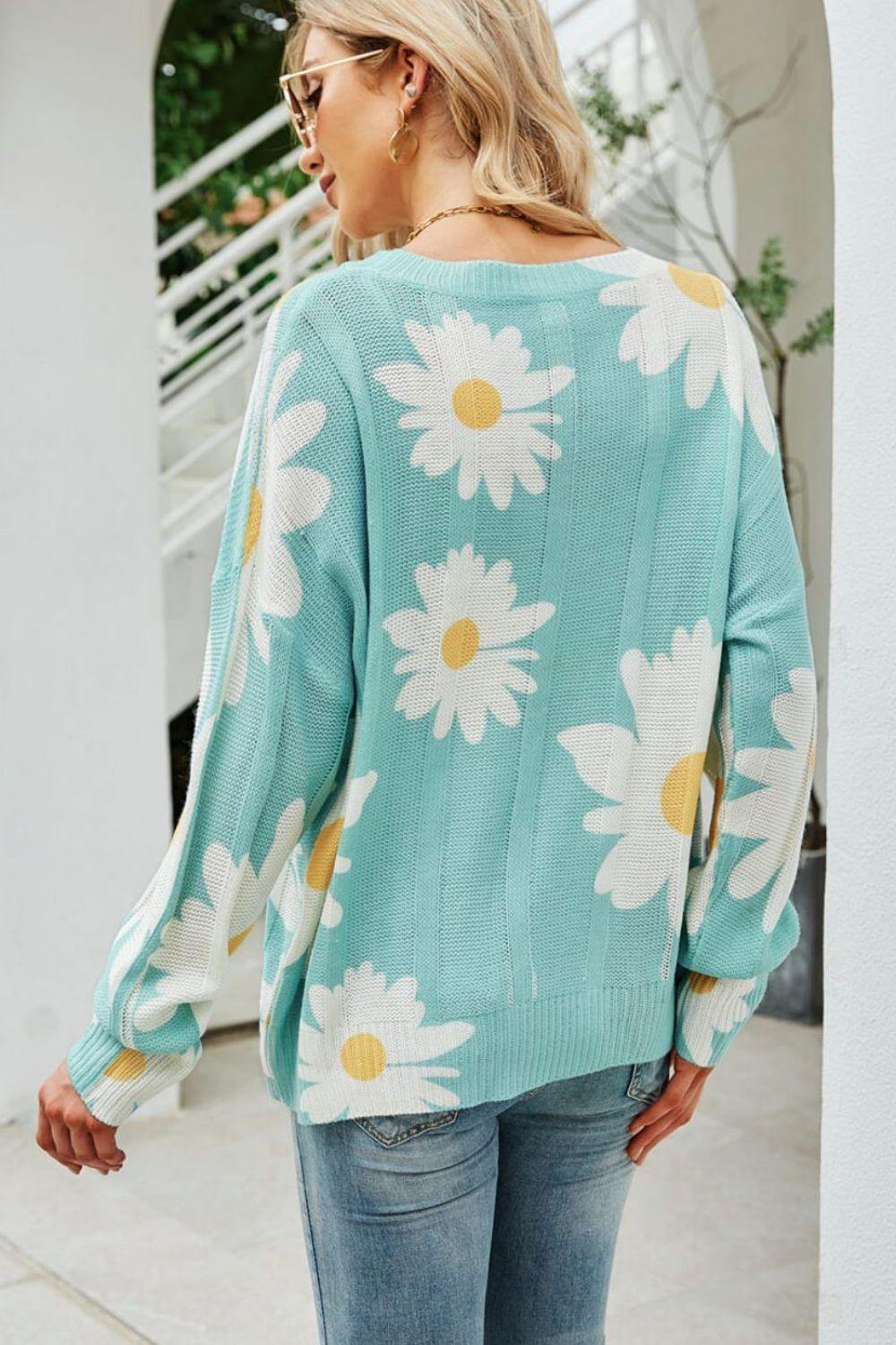 Daisy Print Openwork Round Neck Sweater - Trendsi