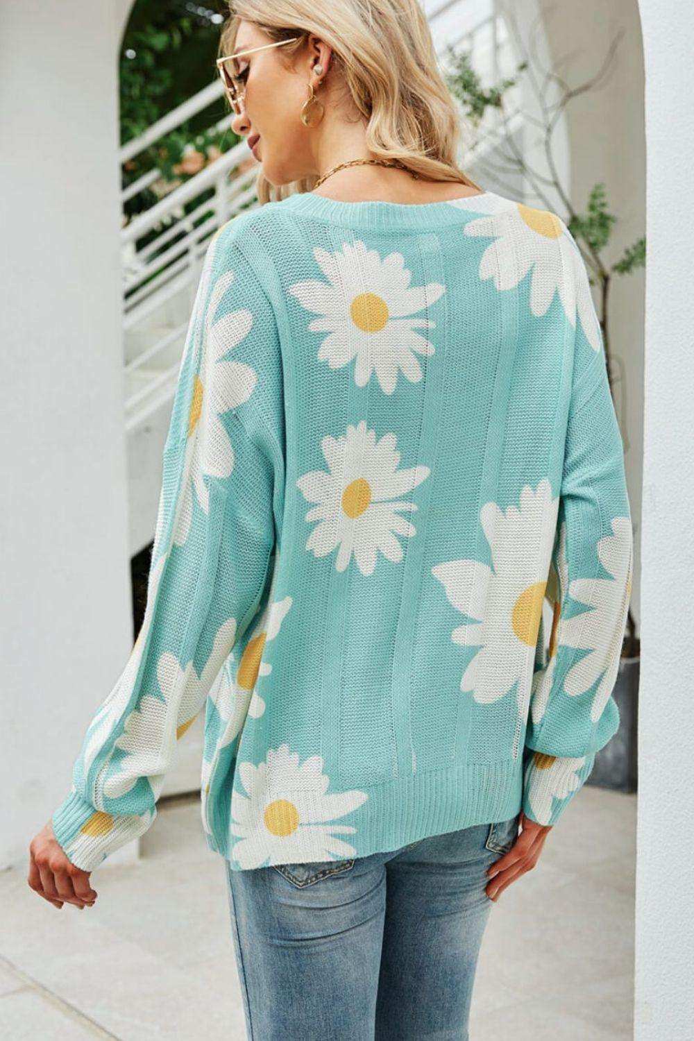 Daisy Print Openwork Round Neck Sweater - Trendsi - Flyclothing LLC