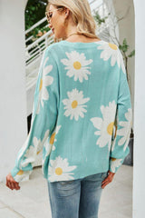 Daisy Print Openwork Round Neck Sweater - Trendsi