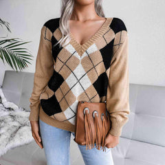 Geometric V-Neck Sweater - Trendsi