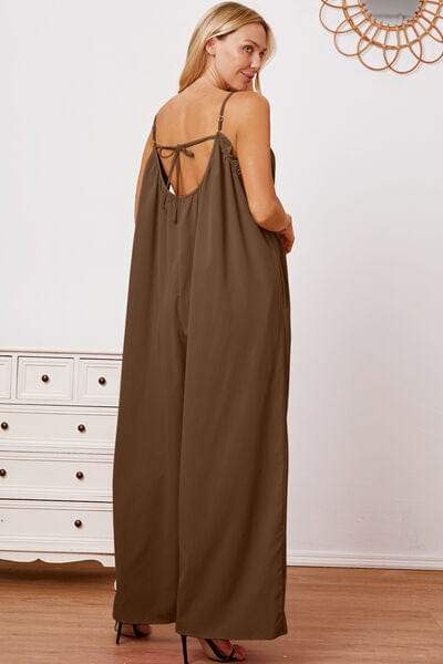 Full Size Ruffle Trim Tie Back Cami Jumpsuit with Pockets - Trendsi - Flyclothing LLC