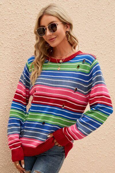 Striped Distressed Cutout Round Neck Sweater - Trendsi