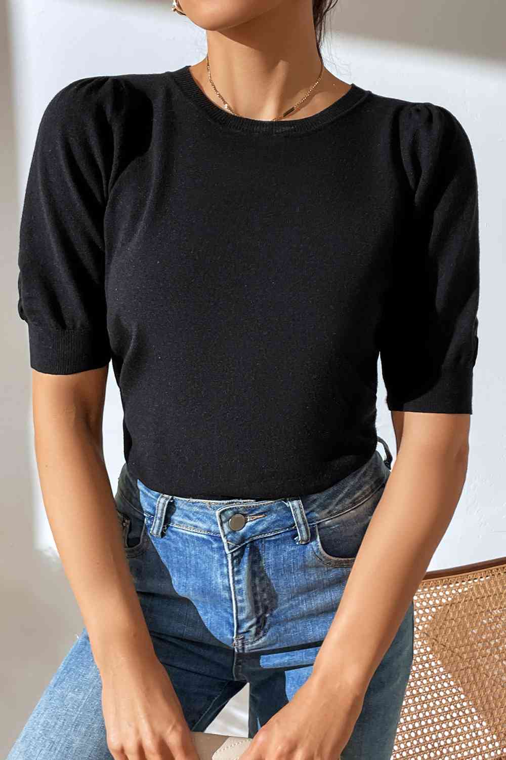 Round Neck Puff Sleeve Knit Top - Trendsi - Flyclothing LLC