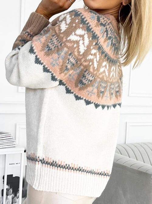 Geometric Round Neck Long Sleeve Sweater - Trendsi