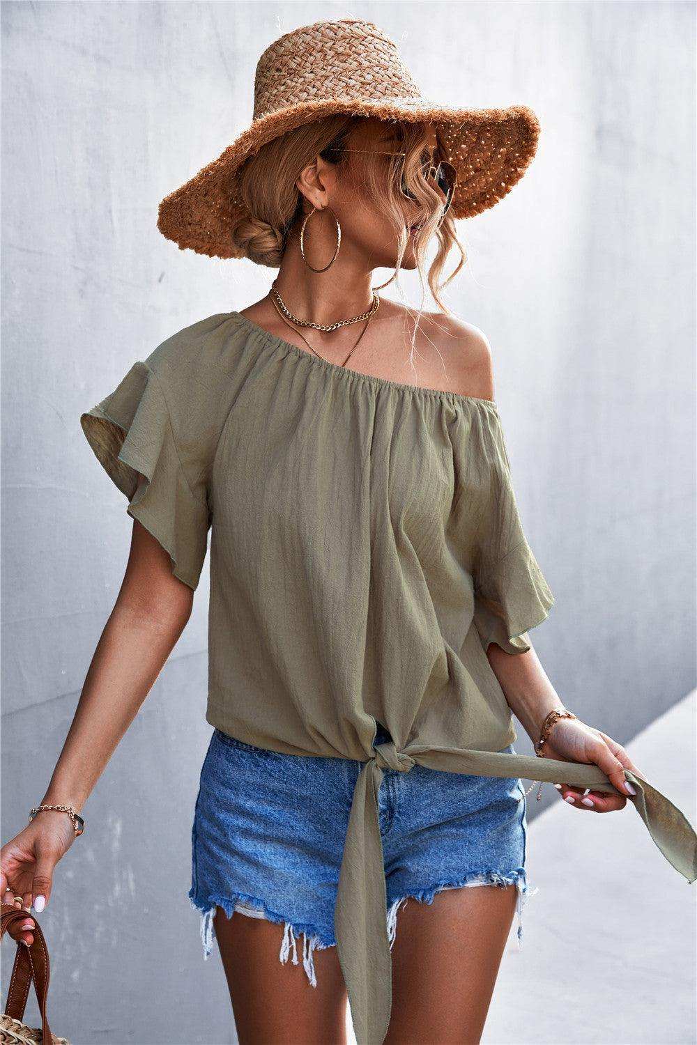 Flutter Sleeve Tie-Front Blouse - Trendsi - Flyclothing LLC
