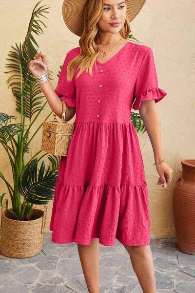 Swiss Dot Ruffled V-Neck Tiered Dress - Trendsi - Flyclothing LLC