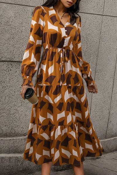 Printed Tied Pocketed Lantern Sleeve Dress - Trendsi - Flyclothing LLC