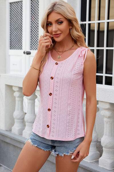 Eyelet Round Neck Wide Strap Tank - Trendsi - Flyclothing LLC