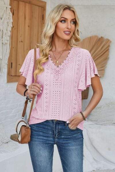 Eyelet Applique V-Neck Cap Sleeve T-Shirt - Trendsi - Flyclothing LLC