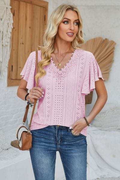 Eyelet Applique V-Neck Cap Sleeve T-Shirt - Trendsi - Flyclothing LLC
