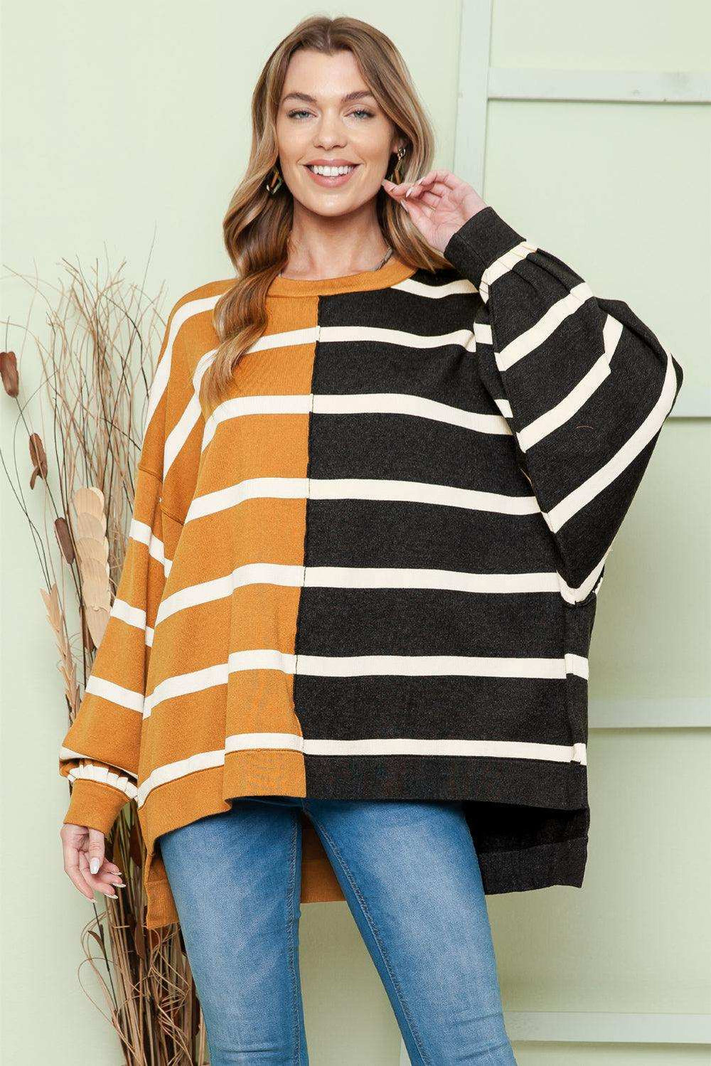 Striped Dropped Shoulder Round Neck Blouse - Trendsi - Flyclothing LLC