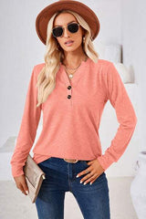 Notched Button Detail Long Sleeve T-Shirt - Trendsi - Flyclothing LLC