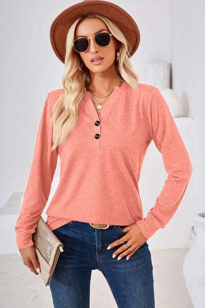 Notched Button Detail Long Sleeve T-Shirt - Trendsi - Flyclothing LLC