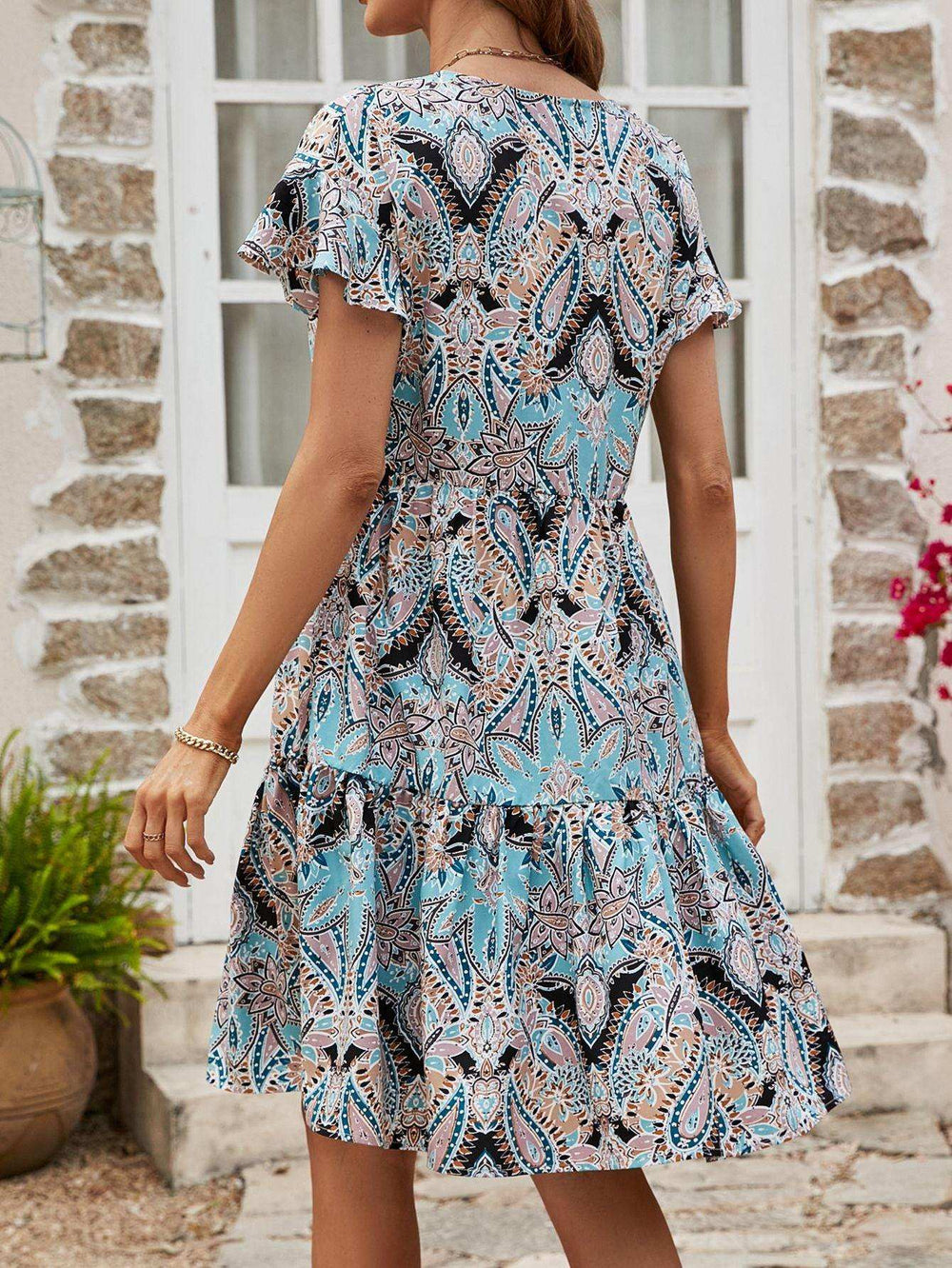 Printed V-Neck Tiered Dress - Trendsi - Flyclothing LLC