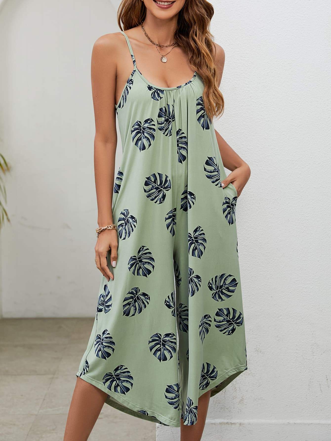 Botanical Print Spaghetti Strap Scoop Neck Jumpsuit - Trendsi - Flyclothing LLC