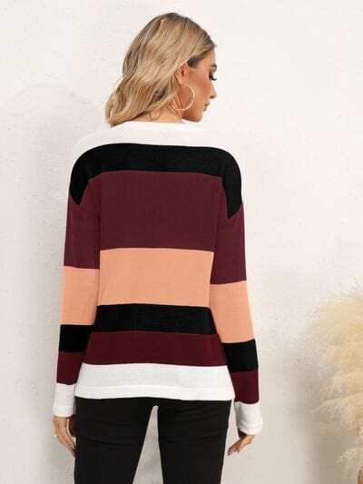 Striped Round Neck Dropped Shoulder Sweater - Trendsi - Flyclothing LLC
