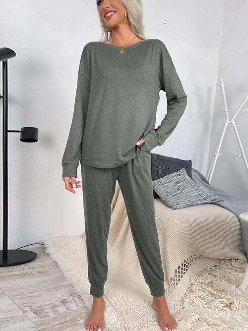 Round Neck Top and Drawstring Pants Lounge Set - Trendsi - Flyclothing LLC