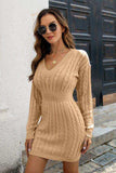 Cable-Knit V-Neck Long Sleeve Mini Sweater Dress - Trendsi - Flyclothing LLC