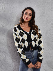 Geometric Button Up Long Sleeve Cardigan - Trendsi